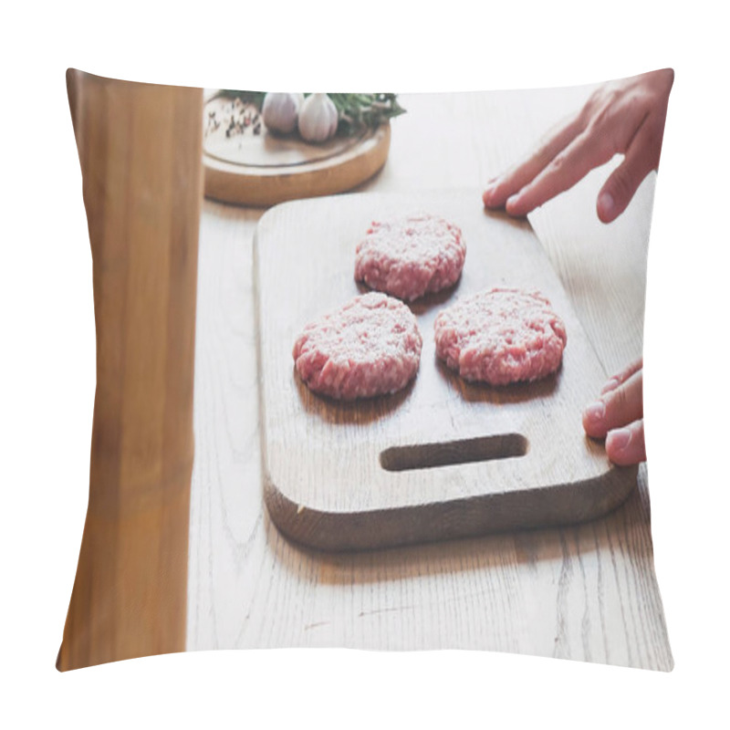 Personality  Cropped View Of Chef Near Formed Mince Patty On Chopping Board  Pillow Covers