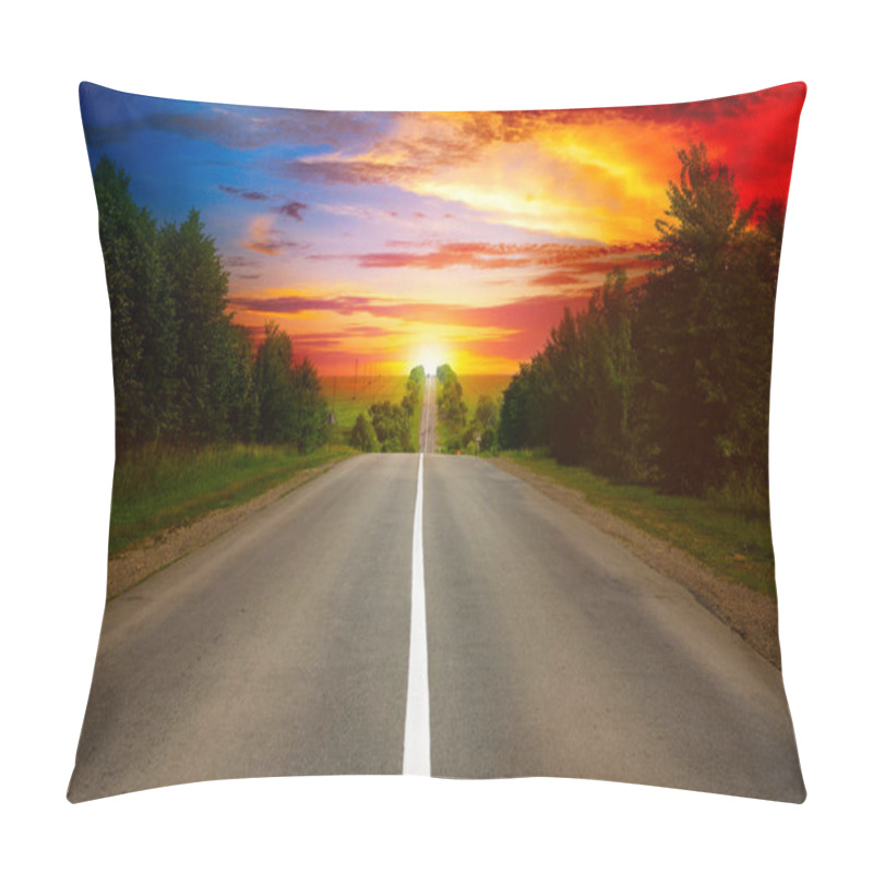 Personality  Road Between Trees And Beautiful Sunset Pillow Covers