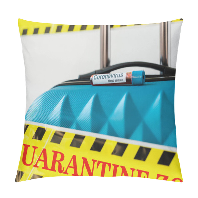 Personality  Close Up View Of Blue Suitcase With Coronavirus Blood Sample In Yellow And Black Hazard Warning Safety Tape With Quarantine Illustration Isolated On White Pillow Covers