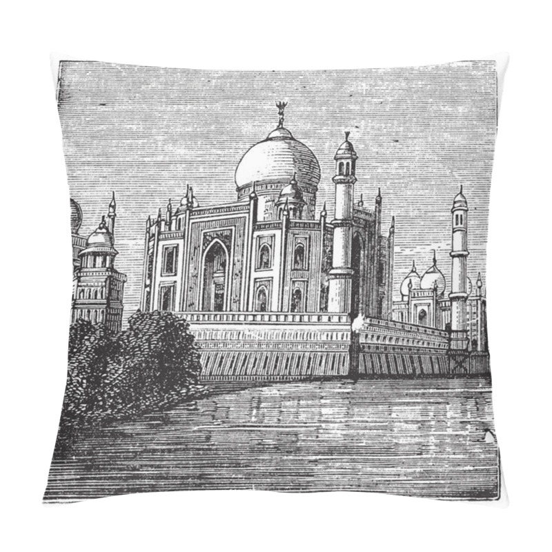 Personality  Taj-Mahal, India. Old Engraved Illustration Of The Famous Taj-Ma Pillow Covers