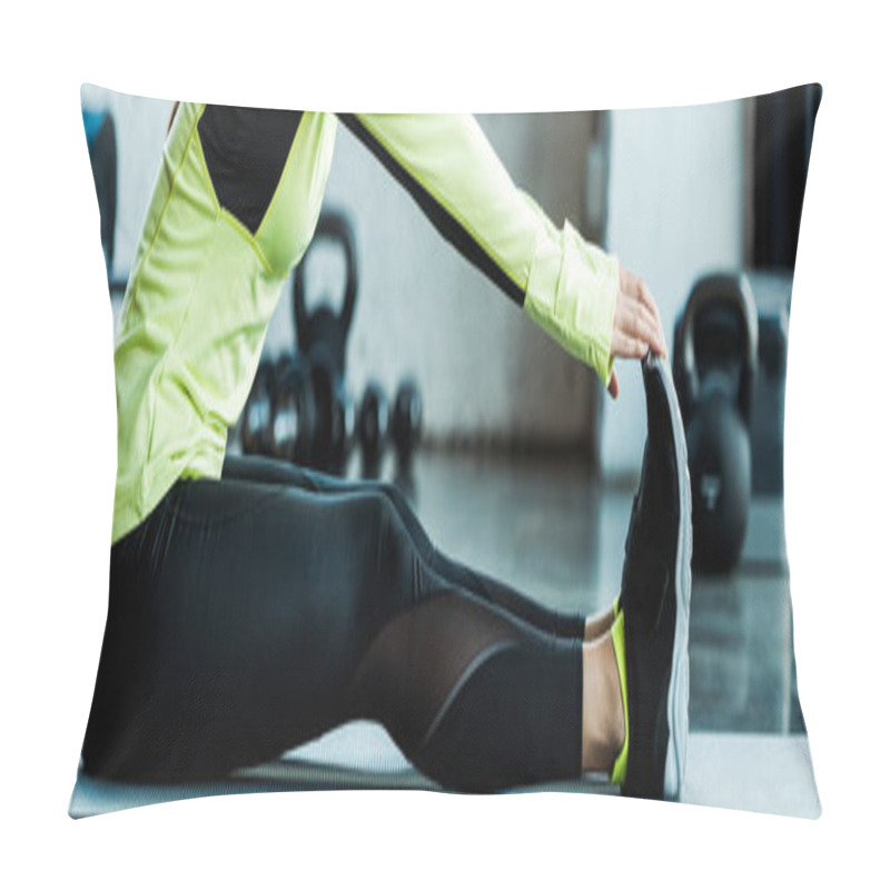 Personality  Panoramic Shot Of Young Woman Stretching On Fitness Mat In Gym  Pillow Covers