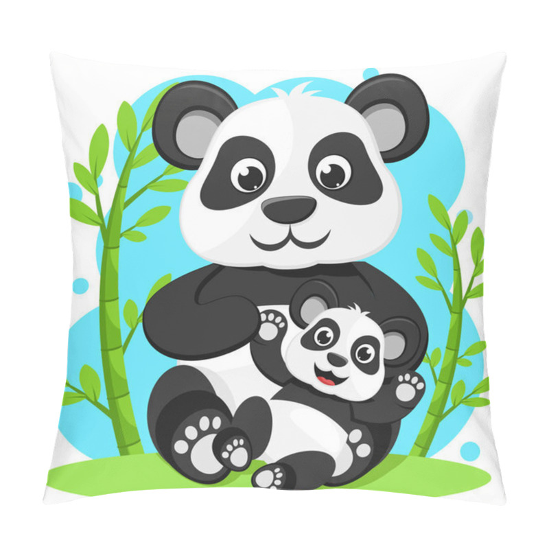 Personality  Panda Bear With Little Panda Sitting Near The Bamboo. Character Pillow Covers