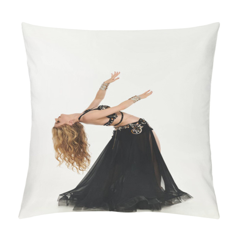 Personality  Elegant Woman In Black Dress Showcasing Belly Dance Moves. Pillow Covers