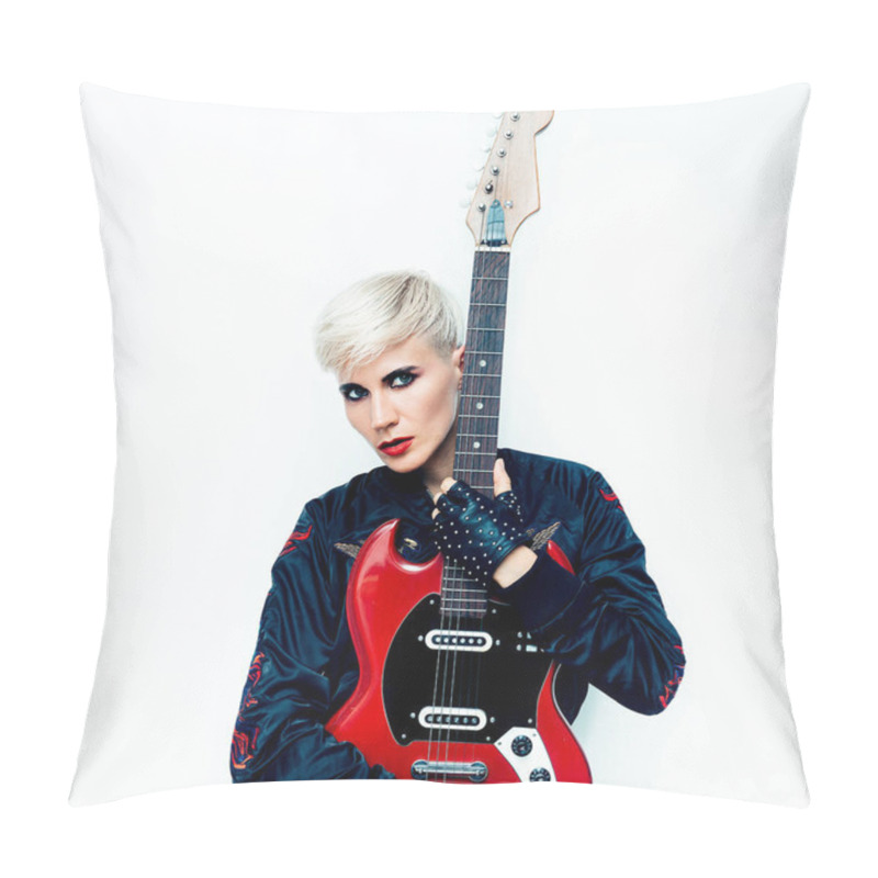 Personality  Blond Tomboy Girl With Electro Guitar. Rock Style Fashion Pillow Covers