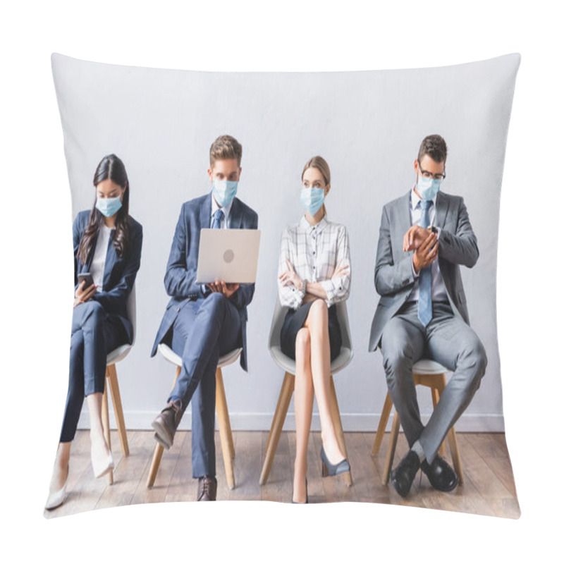 Personality  Multiethnic Businesspeople In Medical Masks Using Devices Before Job Interview  Pillow Covers