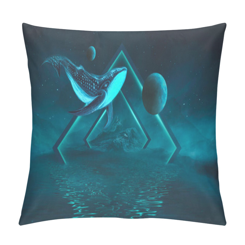 Personality  Abstract Night Fantasy Landscape With An Island, A Whale In The Sky, A Dark Fantasy Scene, An Unreal World, A Fish, A Whale, A Sperm Whale. Reflection Of Neon Light, Water, Depths Of The Sea. Night Fantasy Galaxy Space Landscape.  Pillow Covers