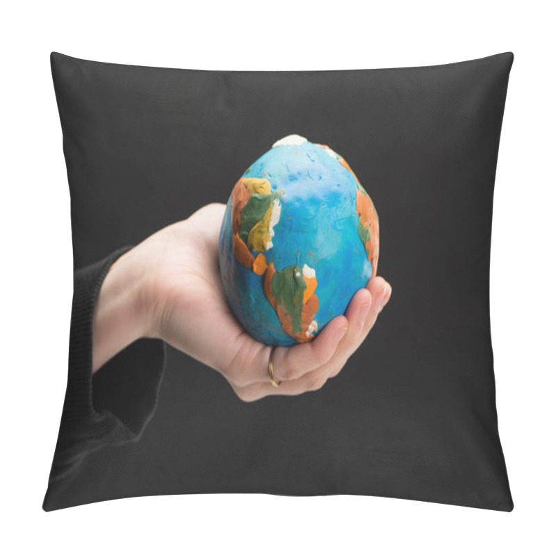 Personality  Cropped View Of Plasticine Globe In Female Hand Isolated On Black, Global Warming Concept Pillow Covers