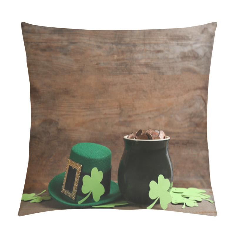 Personality  Pot Of Gold Coins, Hat And Clover Leaves On Wooden Table, Space For Text. St. Patrick's Day Celebration Pillow Covers