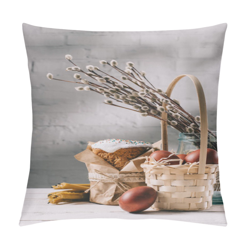 Personality  Easter Bread, Easter Chicken Eggs And Candles On Wooden Table Pillow Covers