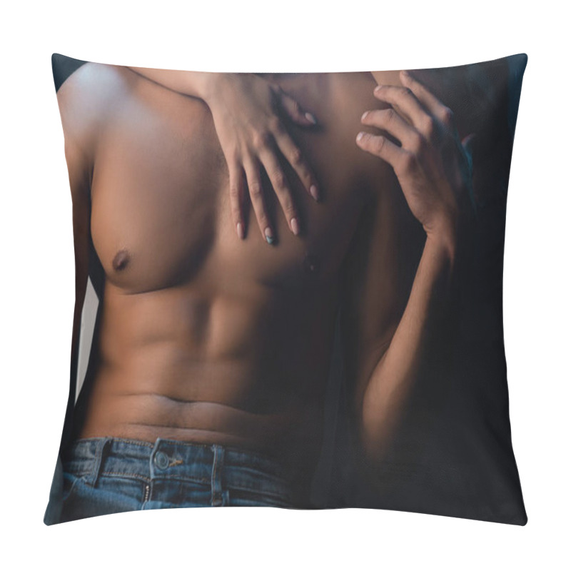 Personality  Cropped View Of Woman Touching Chest Of Sexy Man On Black Background Pillow Covers