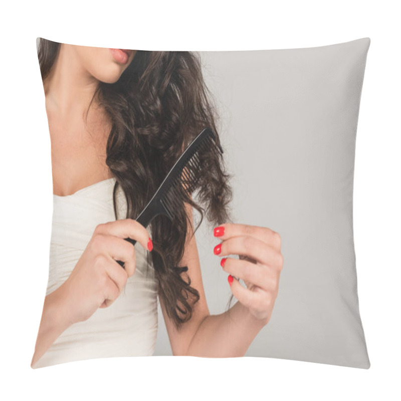 Personality  Partial View Of Woman In White Top Brushing Damaged Hair With Comb Isolated On Grey Pillow Covers