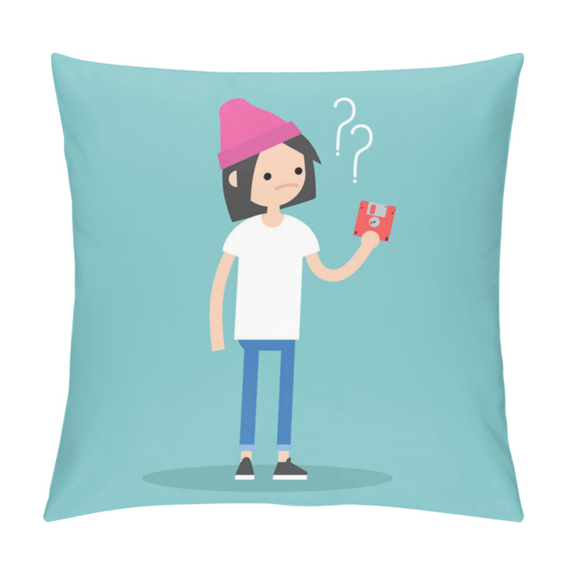 Personality  Outdated Technology Concept. Young Girl Has No Idea What To Do W Pillow Covers