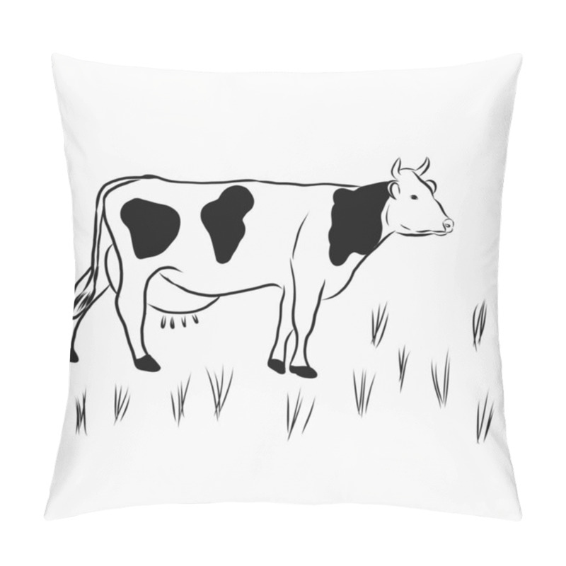 Personality  Black And White Cow Grazing In The Meadow Illustration. Pillow Covers