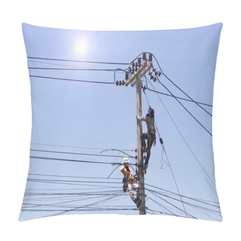 Personality  Electrician Is Installing An Electrical Wiring System On A Power Pole. Engineer Working At Height With Safety Equipment.  Pillow Covers