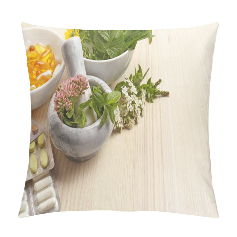 Personality  Mortar With Fresh Herbs And Pills On Wooden Table, Space For Text Pillow Covers