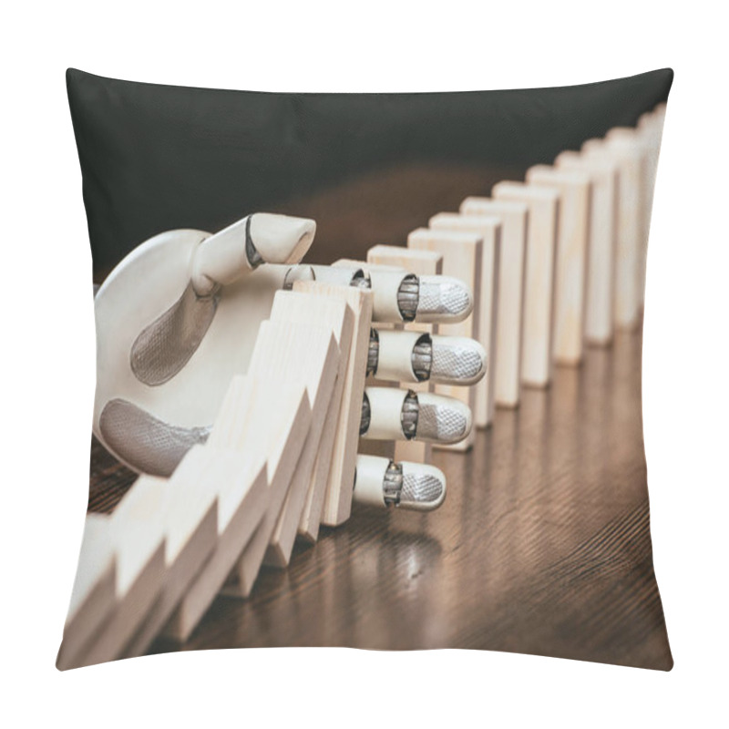 Personality  White Robotic Hand Preventing Wooden Blocks From Falling On Desk Pillow Covers