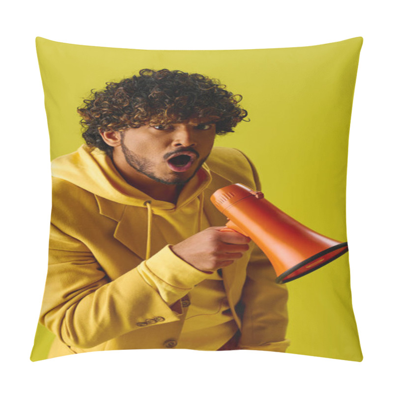 Personality  Man In Yellow Hoodie Holds Red And Orange Megaphone. Pillow Covers