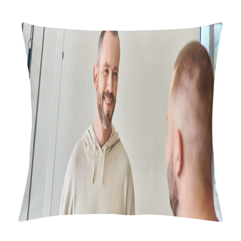 Personality  Handsome Bearded Man Smiling Near Young Recovery Specialist In Kinesio Center, Horizontal Banner Pillow Covers