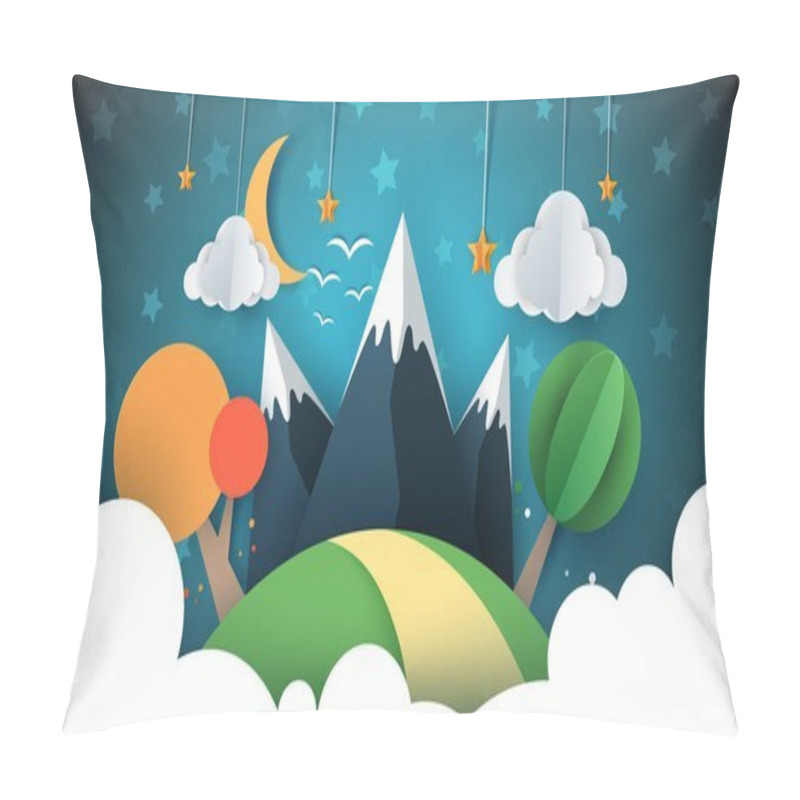 Personality  Paper Travel Illustration Sun, Cloud, Hill, Mountain, Bird. Pillow Covers