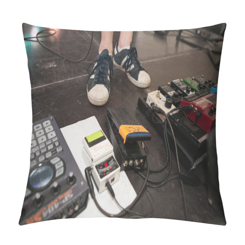 Personality  MOSCOW - 19 JUNE,2016: Feet Of Guitar Player Play Electric Guitar And Pedals,sound Effector For Cool Live Audio Effects On Concert.Musician Play Live Show Pillow Covers