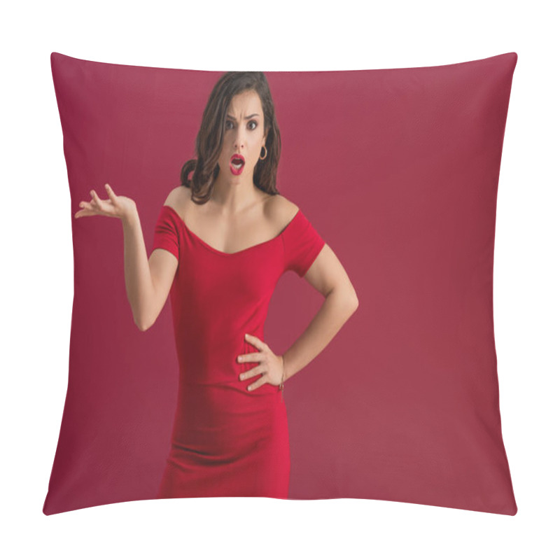 Personality  Irritated, Elegant Girl Screaming At Camera While Standing With Open Arm Isolated On Red Pillow Covers