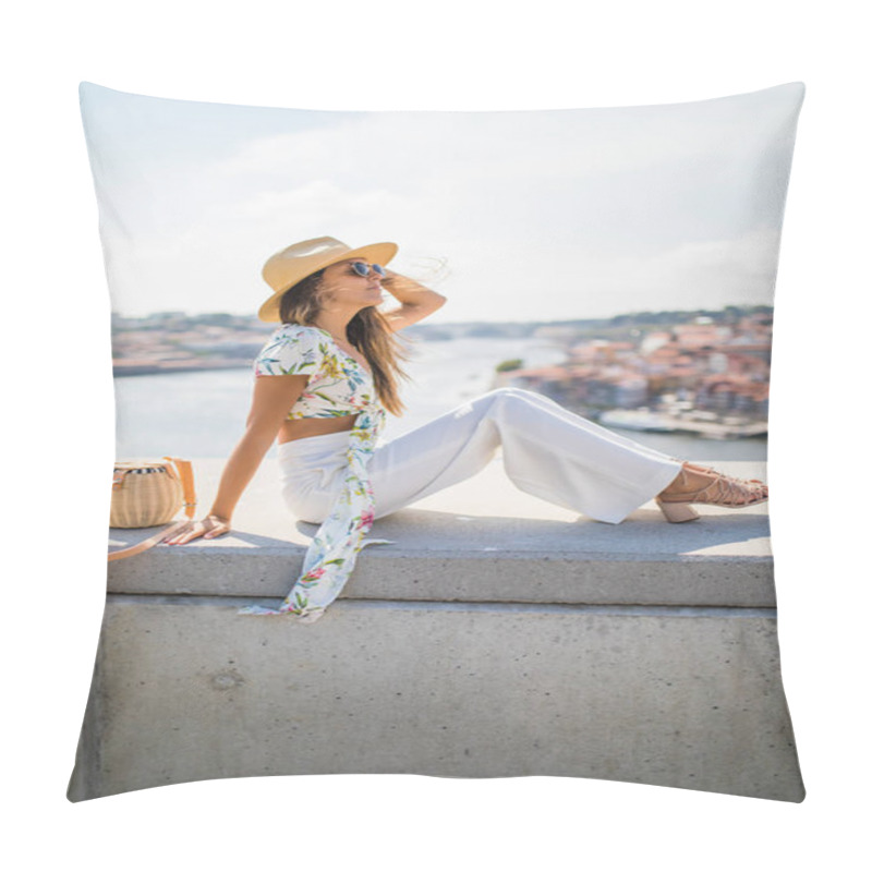 Personality  Young Woman Sitting On Ledge Watching The City Of Porto From Above, Portugal Pillow Covers