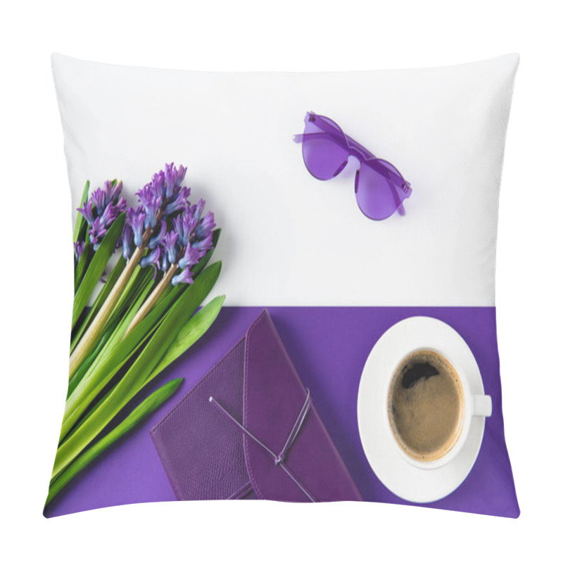 Personality  Top View Of Bouquet Of Purple Hyacinth Flowers And Cup Of Coffee On Table Pillow Covers