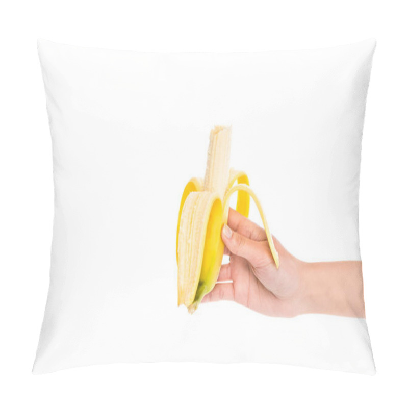 Personality  Cropped Shot Of Woman Holding Fresh Banana In Hand Isolated On White Pillow Covers