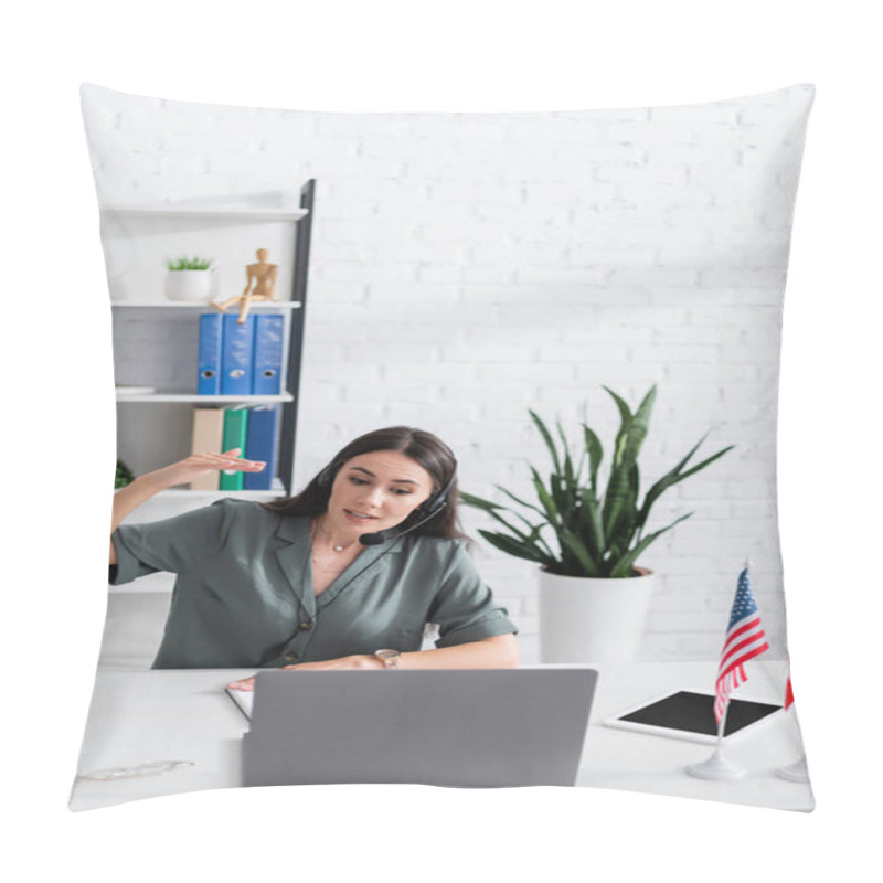 Personality  Teacher In Headset Gesturing During Online Lesson On Laptop In Class  Pillow Covers