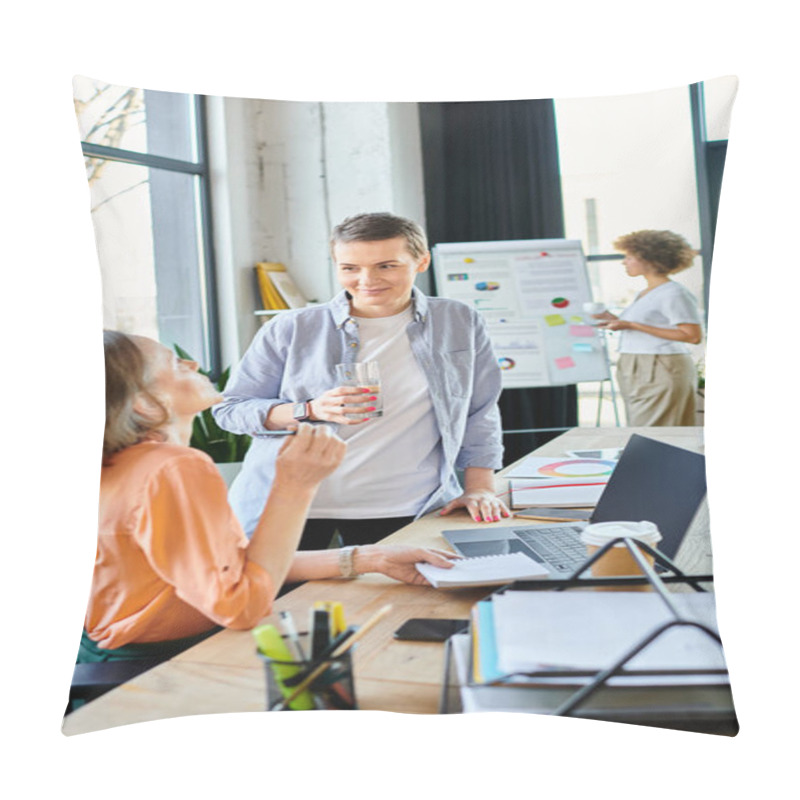 Personality  Multiracial Devoted Businesswomen Working Together In Office. Pillow Covers