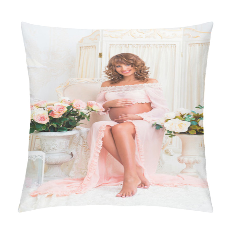 Personality  Beautiful Pregnant Redhead Woman In  Tender Peach Dress Sits Near Vases With Roses Pillow Covers