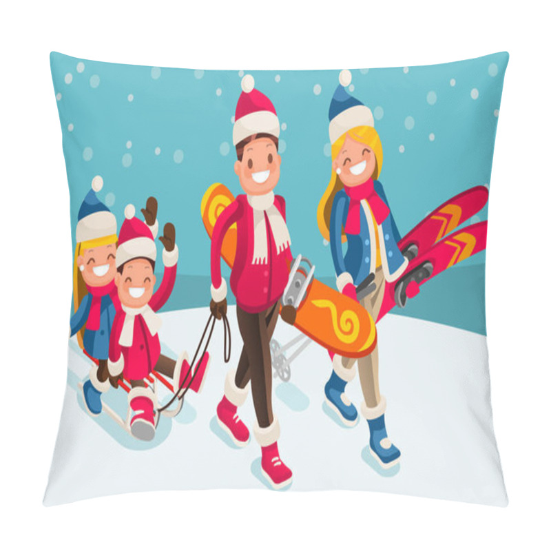 Personality  Family Snow Skiing People Isometric Cartoon Character Vector Pillow Covers