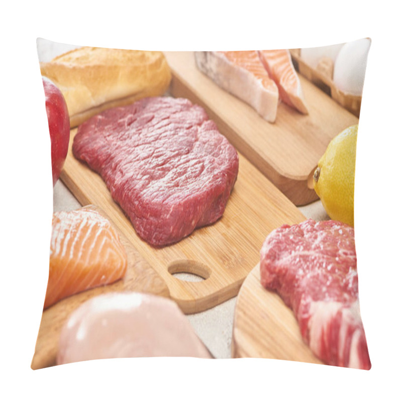 Personality  Fresh Raw Meat, Fish, Poultry On Wooden Cutting Boards Near Apple, Lemon, Baguette And Eggs Pillow Covers