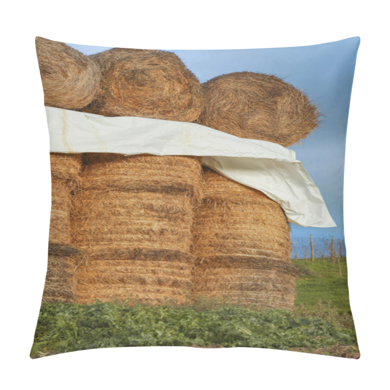 Personality  Scenic Farmland Scenery With Stacked Hay Bales Under Clouds In Tuscany, Italy, Europe Pillow Covers