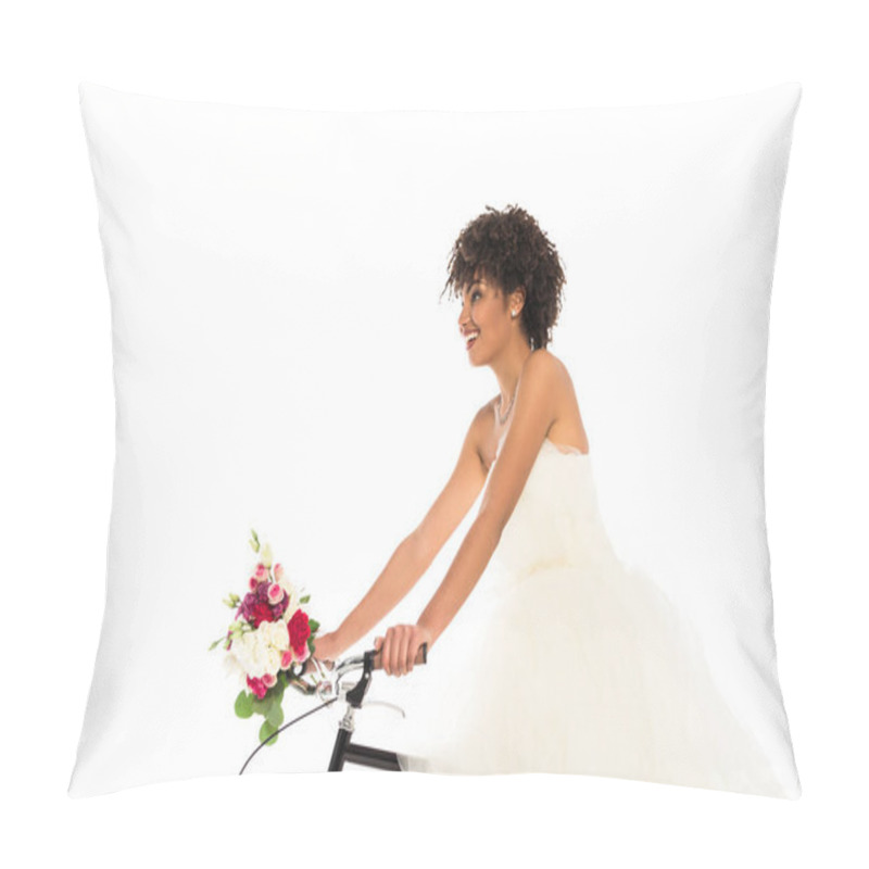 Personality  Low Angle View Of Attractive African American Bride In Wedding Dress Holding Flowers While Riding Bicycle Isolated On White  Pillow Covers