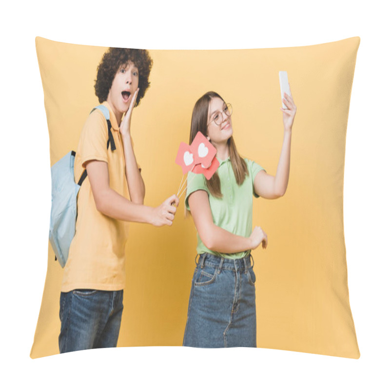 Personality  Excited Teenager Holding Paper Hearts On Sticks Near Smiling Friend Taking Selfie On Yellow Background Pillow Covers