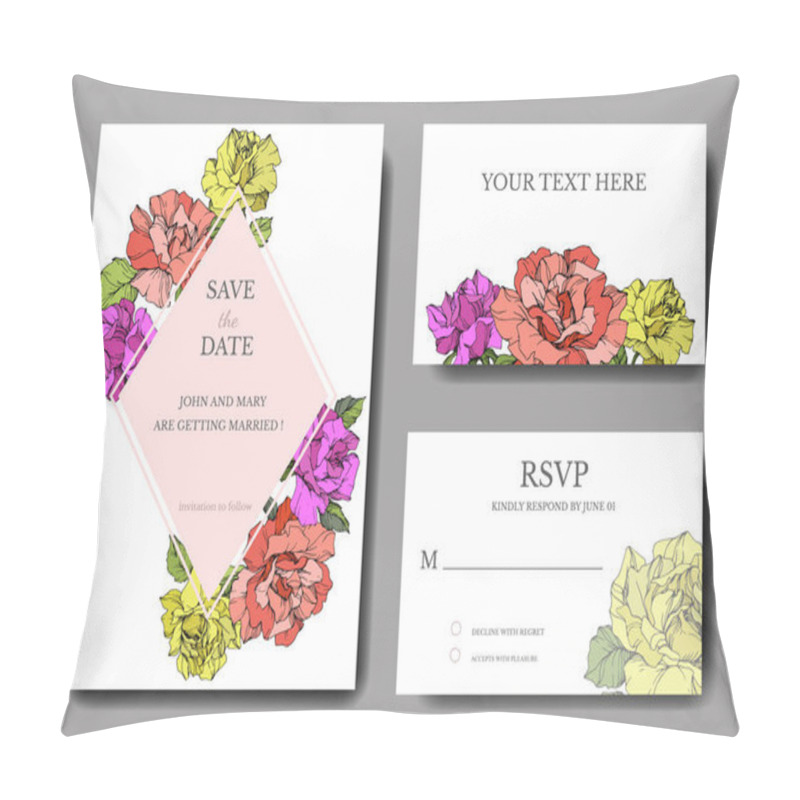 Personality  Vector. Coral, Yellow And Purple Rose Flowers On Cards. Wedding Cards With Floral Decorative Borders. Thank You, Rsvp, Invitation Elegant Cards Illustration Graphic Set. Engraved Ink Art. Pillow Covers