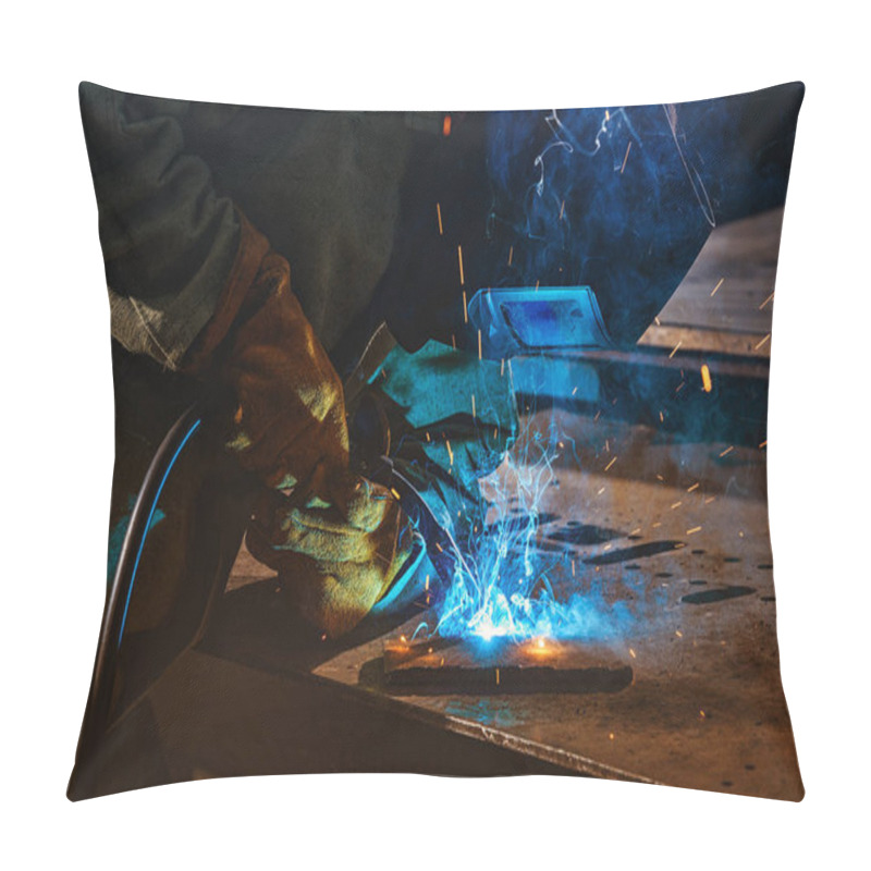 Personality  Partial View Of Welder In Protection Mask Brazing Metal At Factory  Pillow Covers