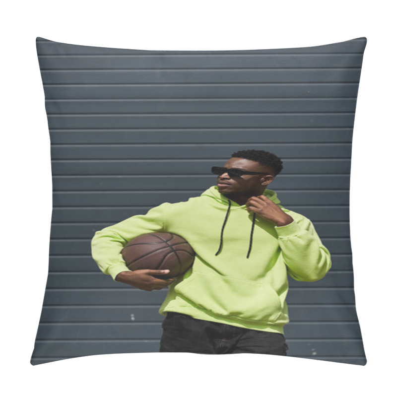 Personality  Handsome Man In Green Hoodie Showcasing Basketball Skills. Pillow Covers