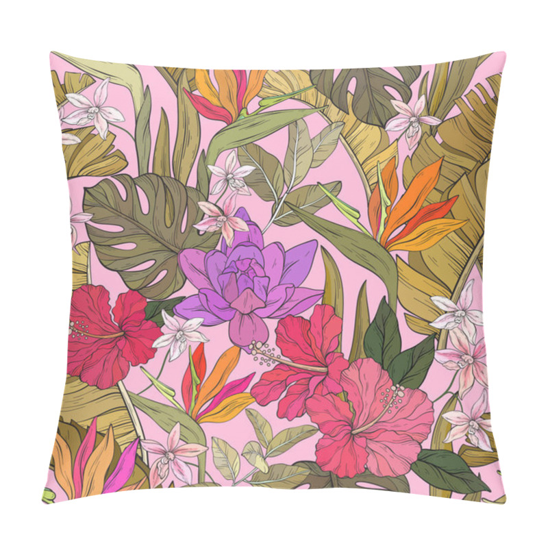 Personality  Seamless Tropical Pattern With Various Flowers. Hibiscus, Bird Of Paradise Flowers And Palm Leaves. Pink Background. Vector Illustration. Pillow Covers