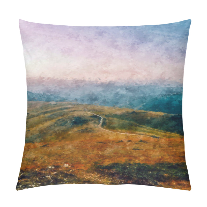 Personality  Acrylic Digital Painting Of Relaxing View Of Mountains In The Forest. Watercolor Painting Forests Trees Hand Drawn With Ink. Mountain Meadow In The Panorama View. Famous Tourists Spot Painting Canvas Pillow Covers