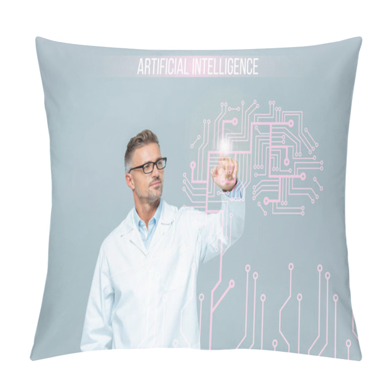 Personality  Handsome Scientist In White Coat Touching Brain Interface In Air Isolated On White, Artificial Intelligence Concept Pillow Covers