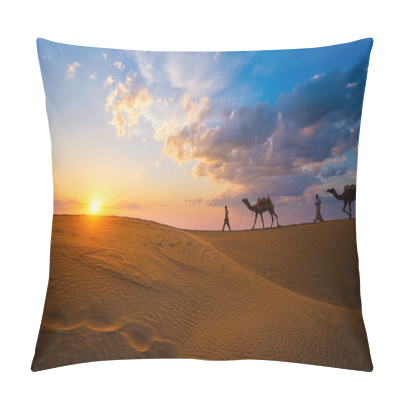 Personality  Indian Cameleers Camel Drivers Bedouin With Camel Silhouettes In Sand Dunes Of Thar Desert On Sunset. Caravan In Rajasthan Travel Tourism Background Safari Adventure. Jaisalmer, Rajasthan, India Pillow Covers