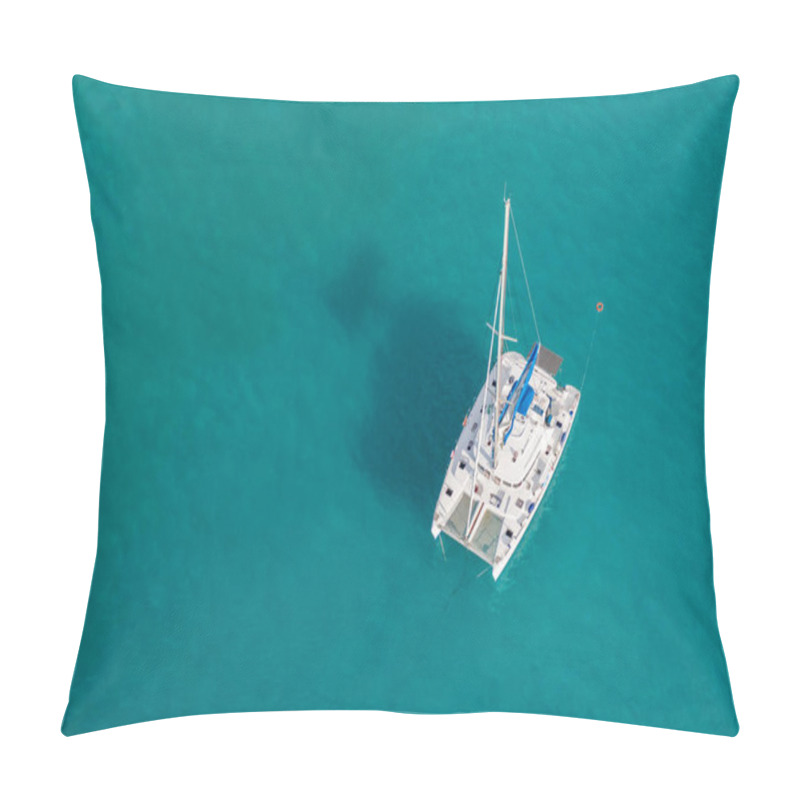 Personality  Directly Above View Of White Sailboat In Blue Ocean.  Pillow Covers