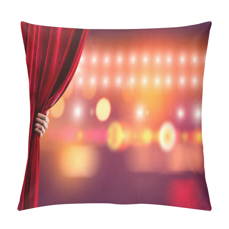 Personality  Bokeh Lights Behind Drapery Curtain And Hand Opening It Pillow Covers