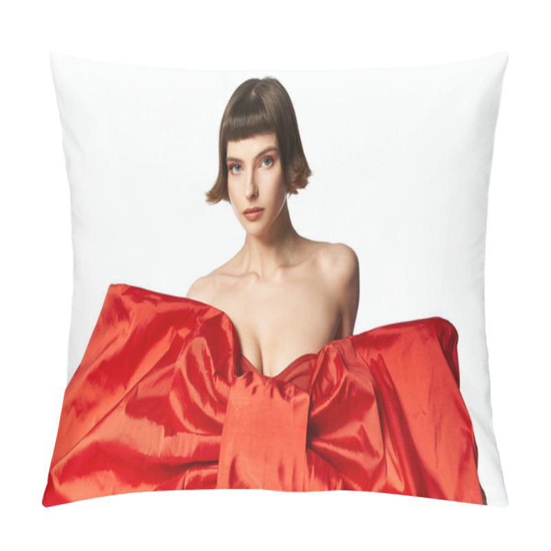 Personality  A Young Woman Showcases Her Stylish Red Dress With A Striking Bow. Pillow Covers