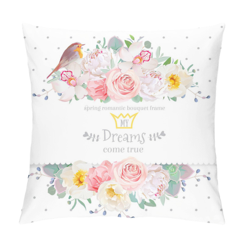 Personality  Delicate Flowers And Robin Bird Vector Card. Polka Dots Backdrop Pillow Covers