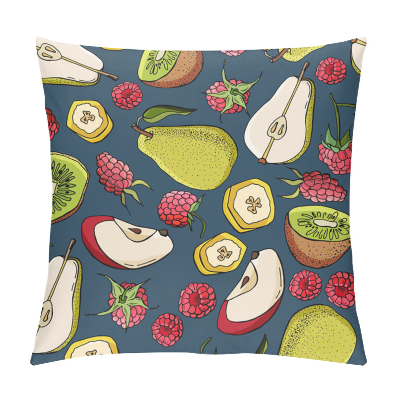 Personality   Fruit Seamless Pattern. Pears, Bananas, Apples, Kiwi, Raspberries. Cartoon Style. Stock Illustration. Design For Wallpaper, Fabric, Textile, Packaging. Pillow Covers