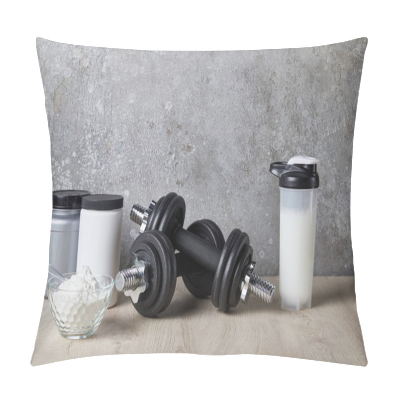 Personality  Protein Shake In Sports Bottle Near Jars Near Concrete Wall  Pillow Covers