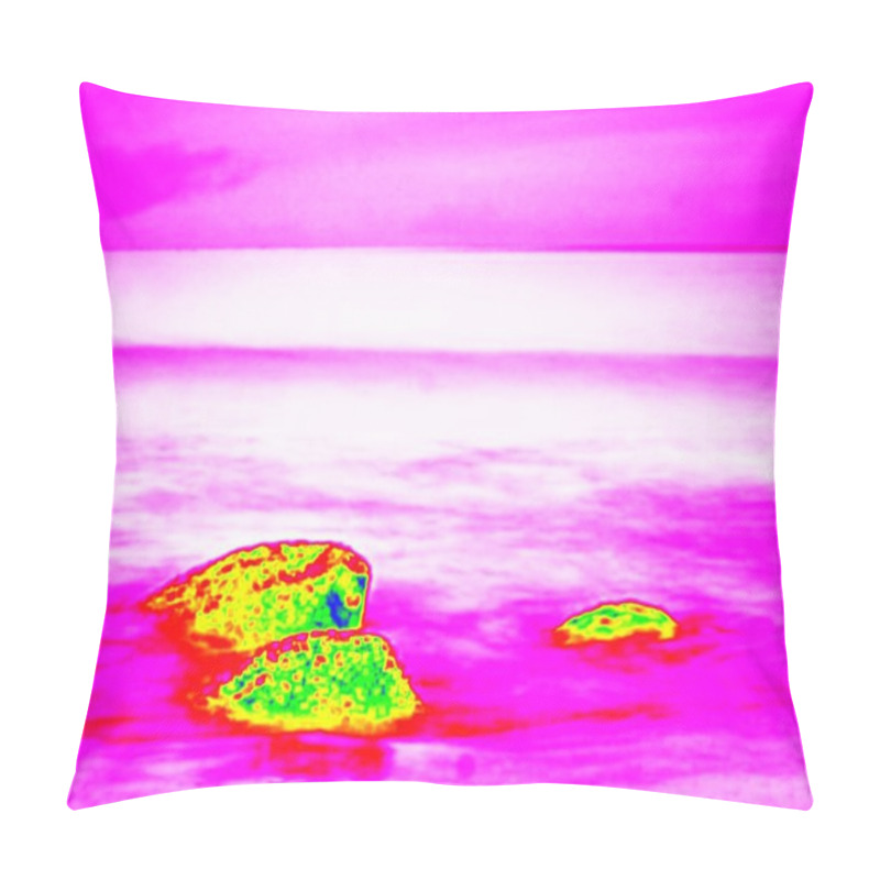 Personality  Infra. . Stony Ocean Beach With Big Boulders. Thermography Effect. Pillow Covers